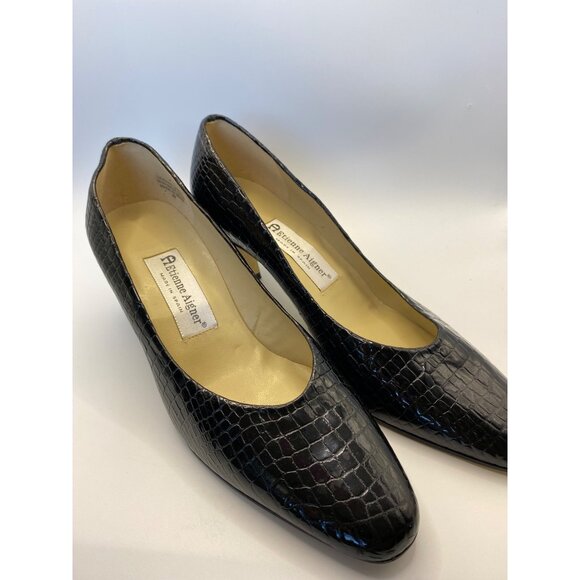 Etienne Aigner Black Croc Embossed Leather Mid-Heel Pumps Womens Size 7.5 Made I - Picture 1 of 12